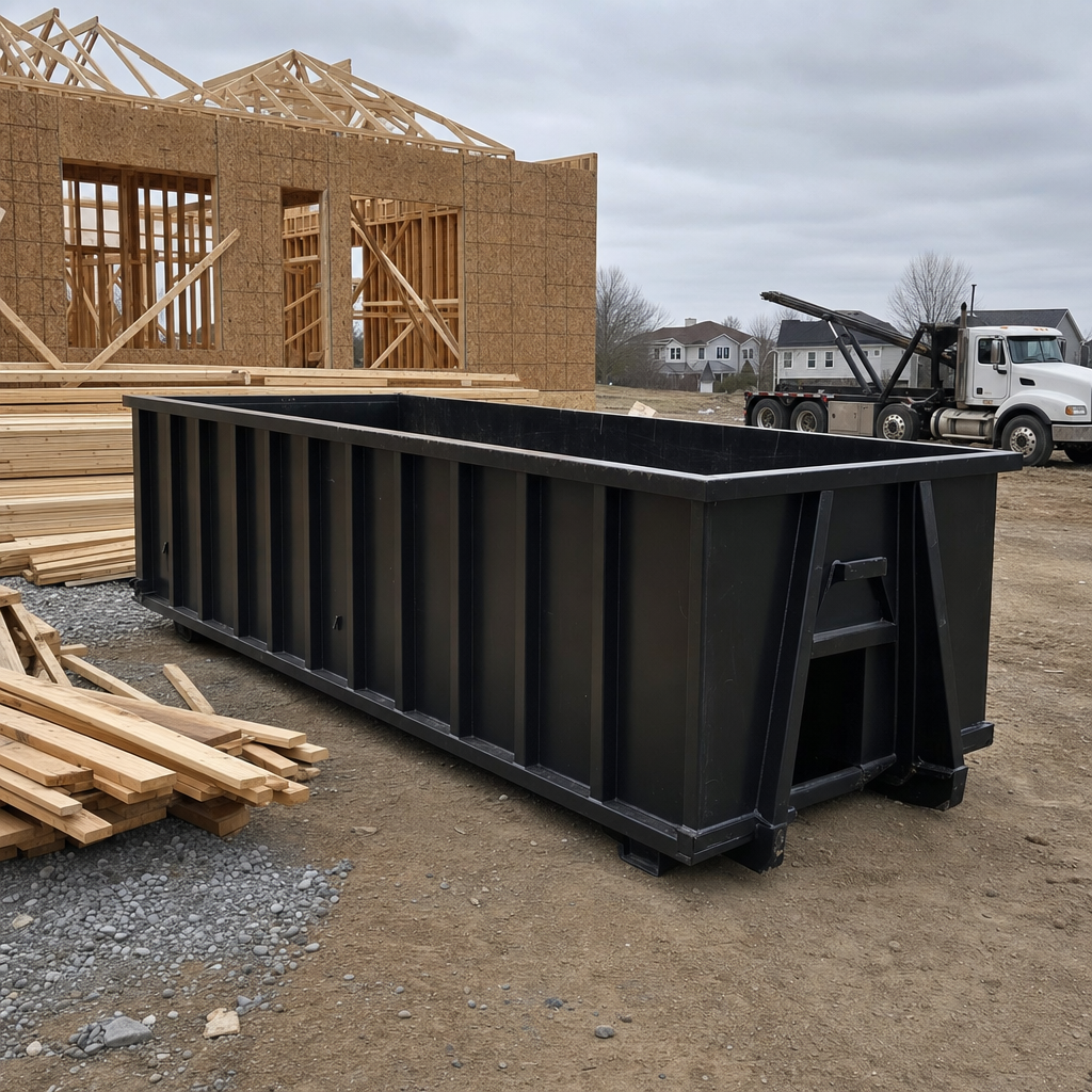 Matte-black 40-yard roll-off dumpster staged on a framed-out residential construction site in Moore, framing lumber stacked nearby, hooklift delivery truck visible in the background under bright Colorado daylight