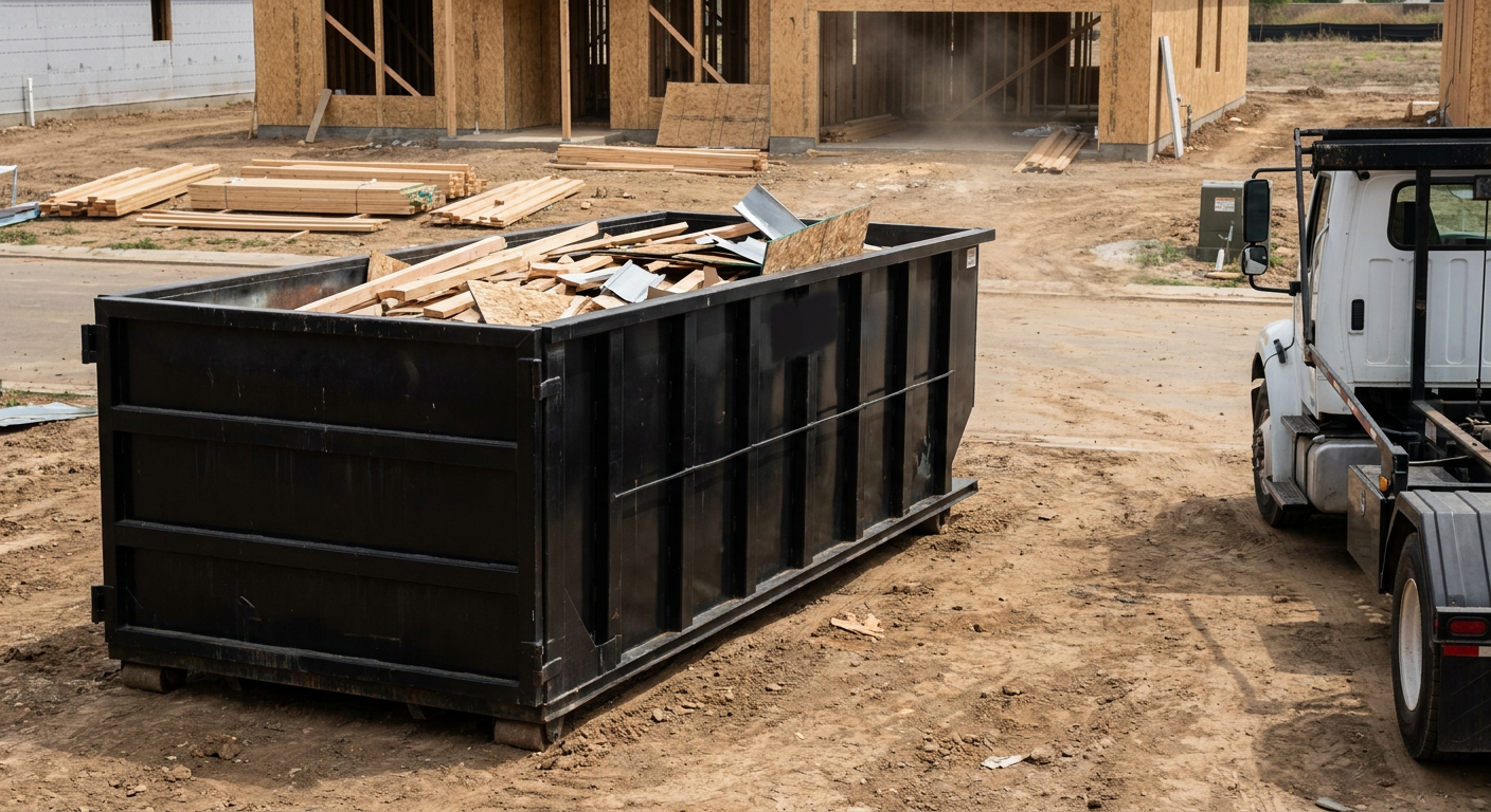 Matte-black 20-yard roll-off construction dumpster with heavy ribbed steel sidewalls and swing rear doors at a working jobsite in Moore, sitting directly on compacted dirt with an unmarked white hauler partially visible at the far edge of the frame.