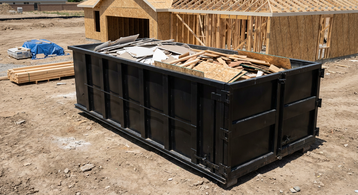 Matte-black 30-yard roll-off construction dumpster sitting directly on the compacted-dirt site of a framed single-family home build in Moore, drywall and lumber scrap loaded inside.