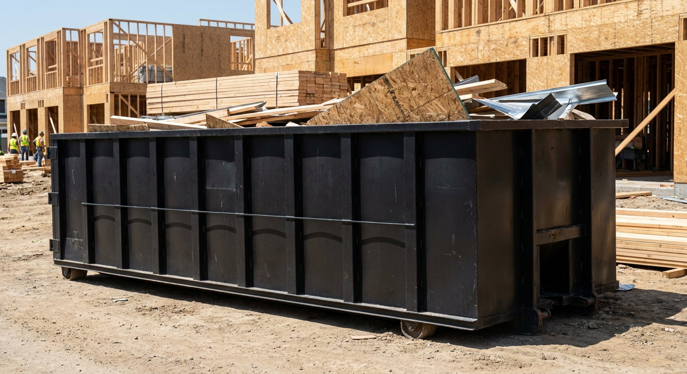 Matte-black 40-yard roll-off construction dumpster being lowered from a white-cab hooklift delivery truck onto the compacted-dirt jobsite at a commercial build site in Moore
