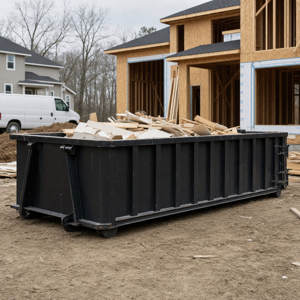 Worker in a yellow high-visibility vest tossing framing lumber and broken drywall into a matte-black 30-yard construction roll-off dumpster on an active build site in Moore, bright daylight