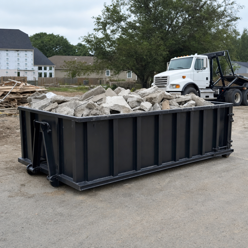 Low-profile matte-black lowboy roll-off dumpster loaded with broken concrete slab and rebar at a foundation tear-out in Moore, skid steer parked beside it, sunny Colorado morning