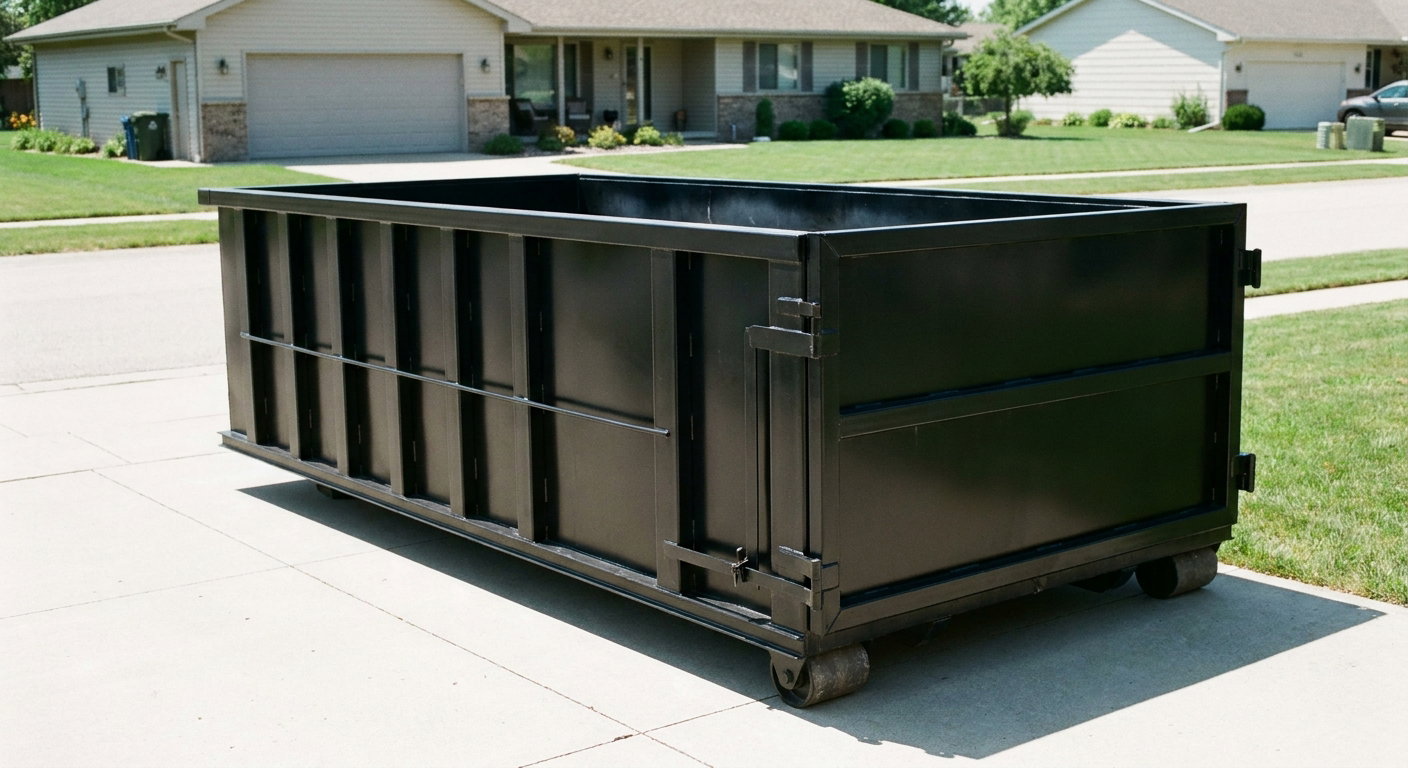 Matte-black 10-yard roll-off dumpster on a residential concrete driveway in Moore, uniformly painted matte black across every panel and rail, ribbed steel sidewalls and rear swing door visible, mid-day daylight.