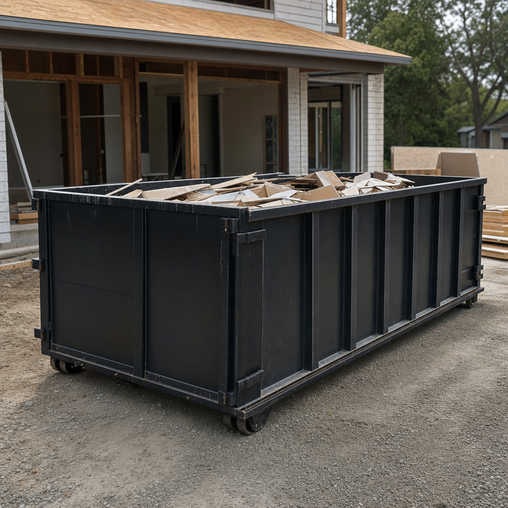 Large matte-black 30-yard construction roll-off dumpster at an active Moore jobsite, steel-gray top rails and bottom rollers visible, loaded with construction debris.