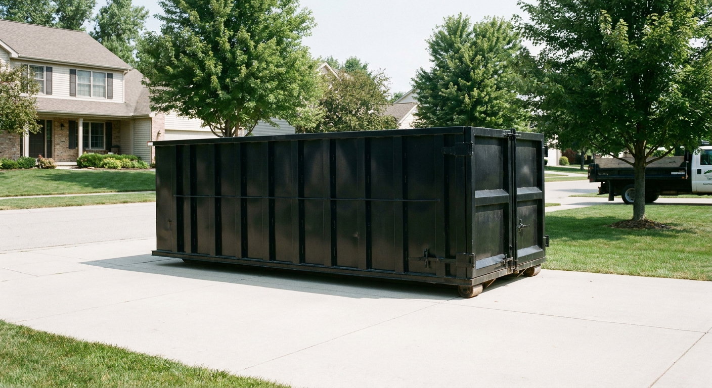 Matte-black 20-yard roll-off dumpster sitting level on a clean Moore residential concrete driveway under bright daylight, demonstrating clean placement directly on the concrete.