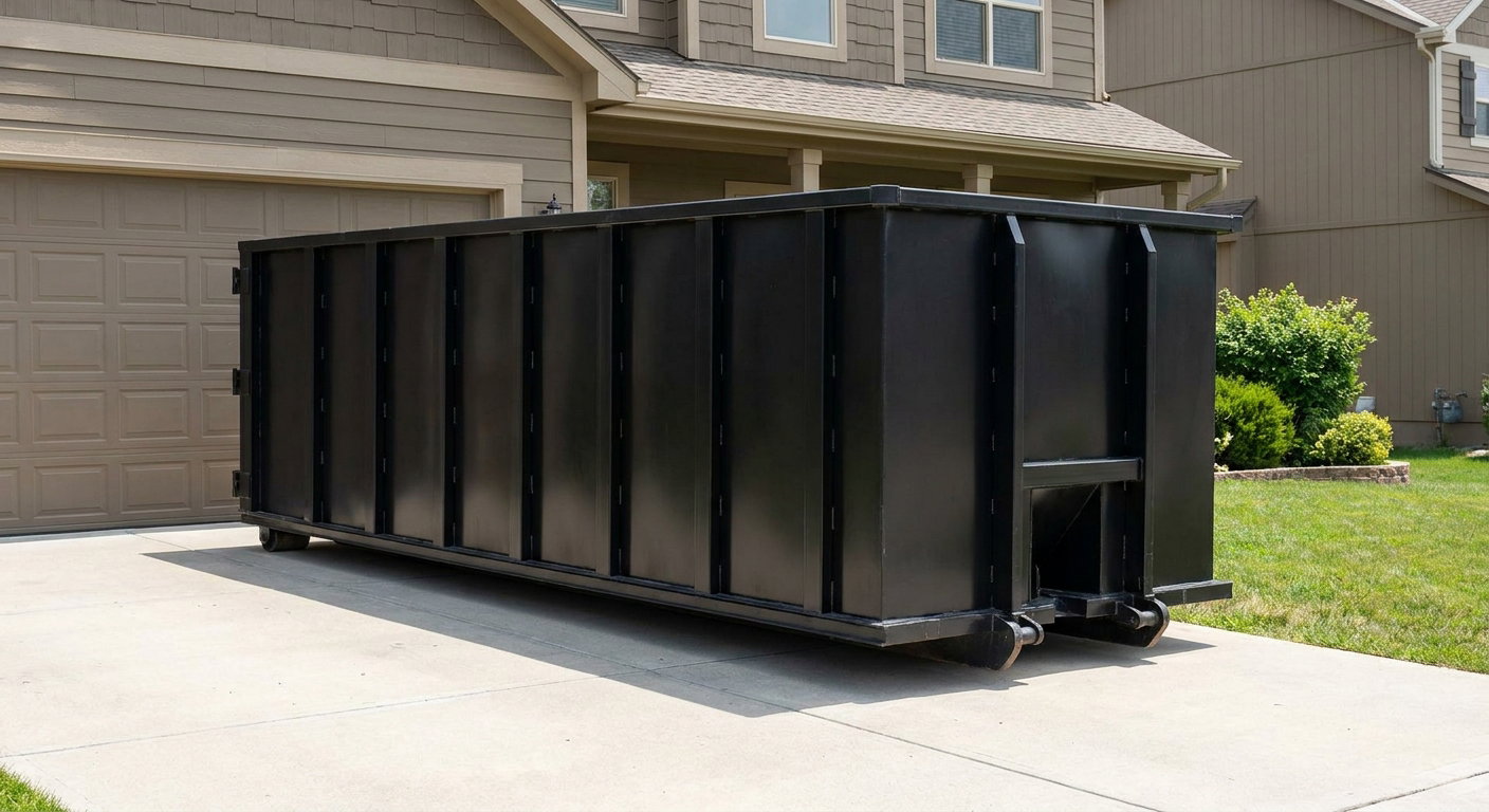 Matte-black residential roll-off dumpster sitting directly on a suburban Moore concrete driveway, garage door closed, single-family home in background, bright morning daylight.