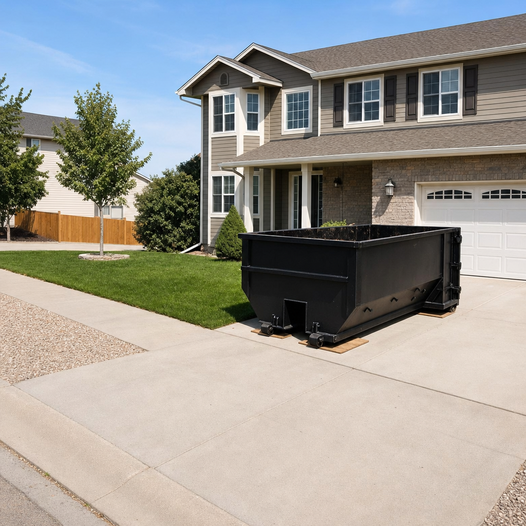 10-yard matte-black residential dumpster placed directly on a narrow Moore concrete driveway, room remains for a parked sedan beside it, mid-morning natural light
