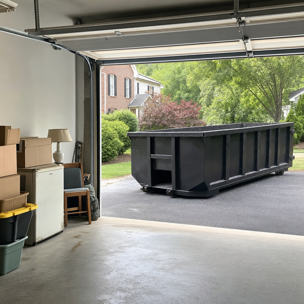 Open garage interior in a Moore home mid-cleanout — boxed items, an old appliance, and stacked yard tools queued near the driveway for a matte-black roll-off dumpster, organized and calm
