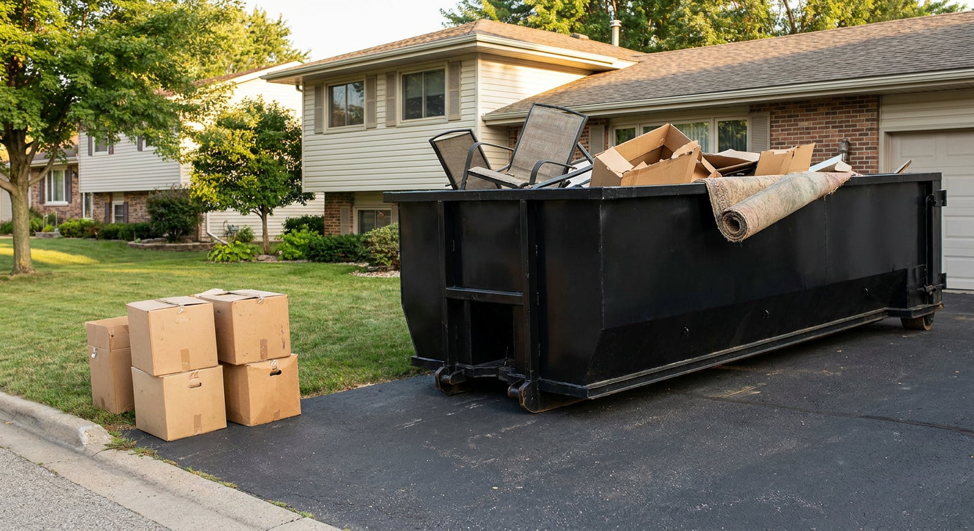 Front-yard view of a Moore split-level home with a 20-yard matte-black roll-off dumpster sitting directly on the asphalt driveway, a few clearly labeled donation boxes staged at the curb, calm sunny afternoon.