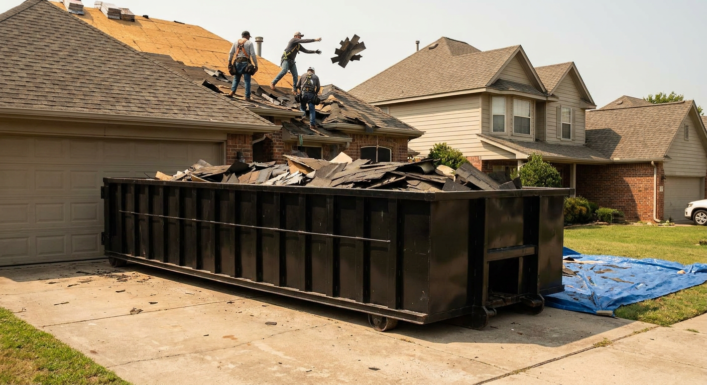 Matte-black roofing roll-off dumpster placed directly on a Moore residential concrete driveway, a tear-off crew on a two-story asphalt-shingle roof tossing shingle bundles into the low-walled container, bright daylight, documentary 35mm perspective.