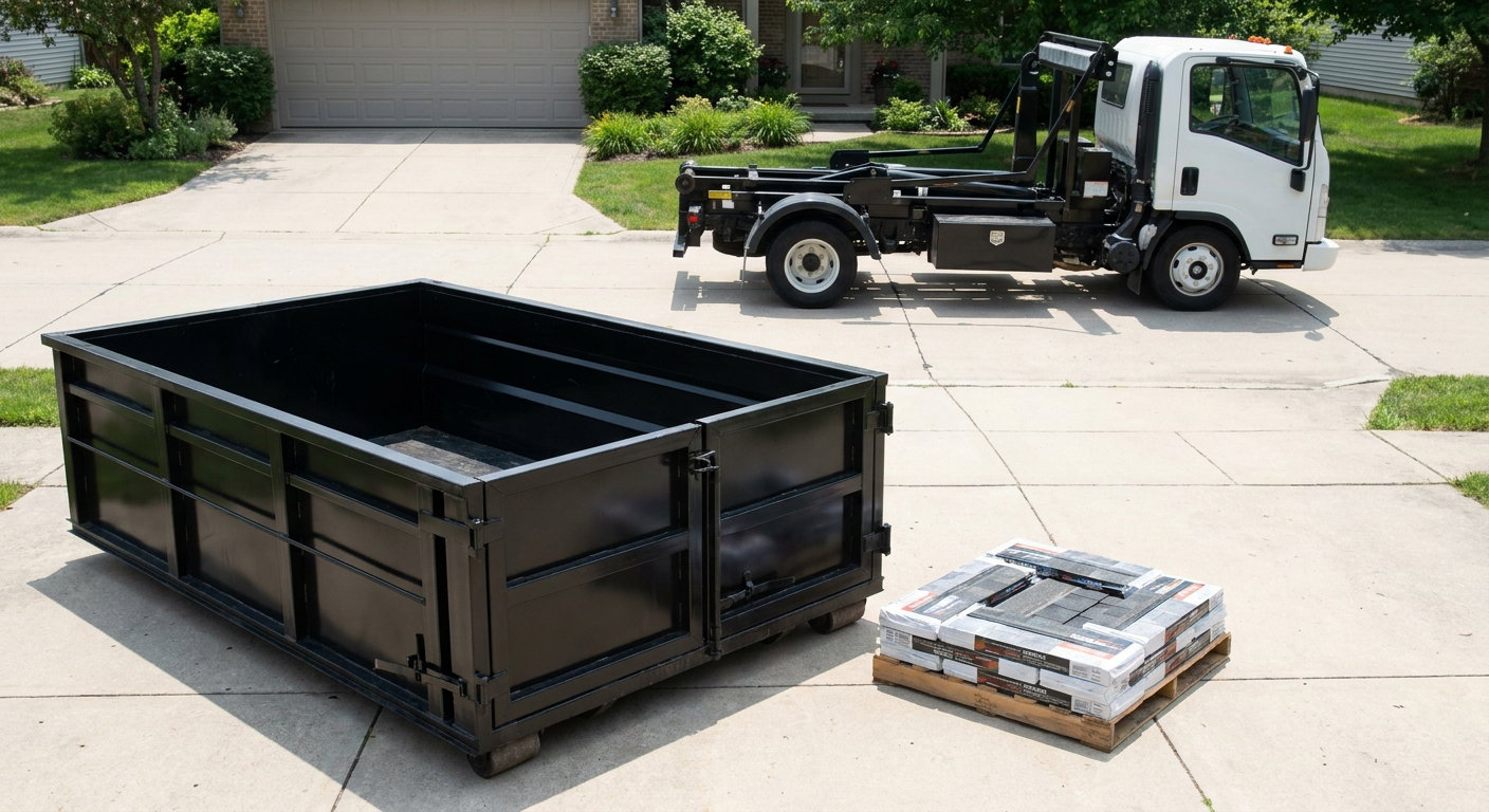 Matte-black 15-yard roofing roll-off dumpster with reinforced low side walls sitting directly on a Moore residential concrete driveway, three-tab asphalt shingle bundles stacked nearby, an unmarked white hauler truck partially visible at the edge of the frame.