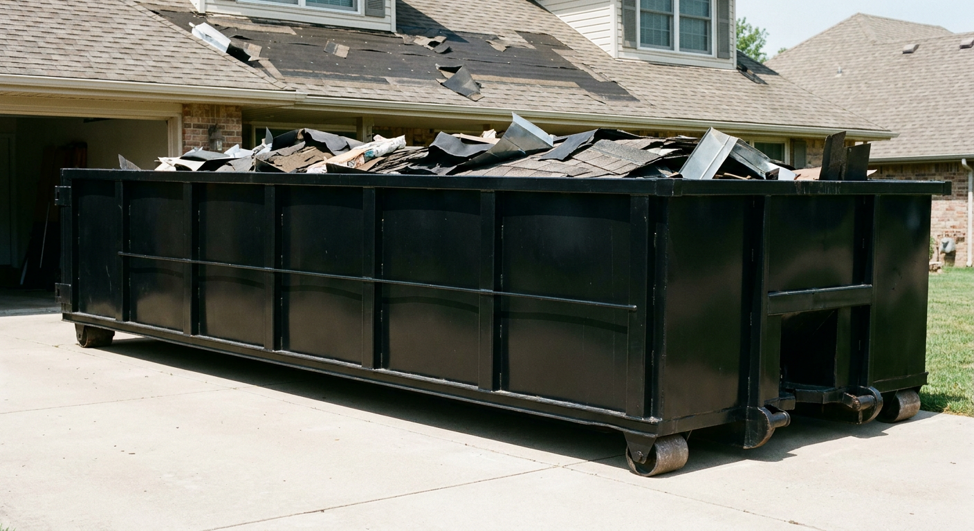 Matte-black 20-yard roofing roll-off dumpster with steel ribbed sides and swinging rear door, sitting directly on the concrete driveway of a two-story Moore home, asphalt shingle debris being loaded over the low wall, clean documentary lighting.