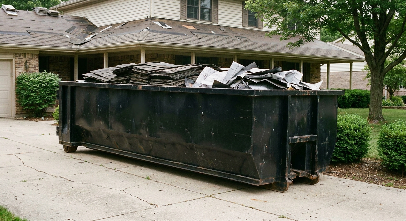 Matte-black 30-yard roofing roll-off dumpster sitting directly on a Moore concrete driveway, taller ribbed steel side panels, mixed tear-off debris of asphalt shingles and underlayment inside, professional documentary daylight.