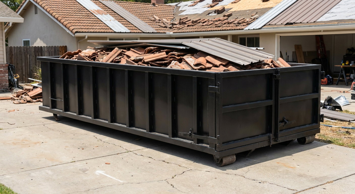 Matte-black low-wall heavy-debris roofing roll-off dumpster sitting directly on a Moore concrete driveway, broken concrete clay roof tiles and metal panel sections loaded inside, reinforced ribbed steel side walls visible, bright outdoor daylight.