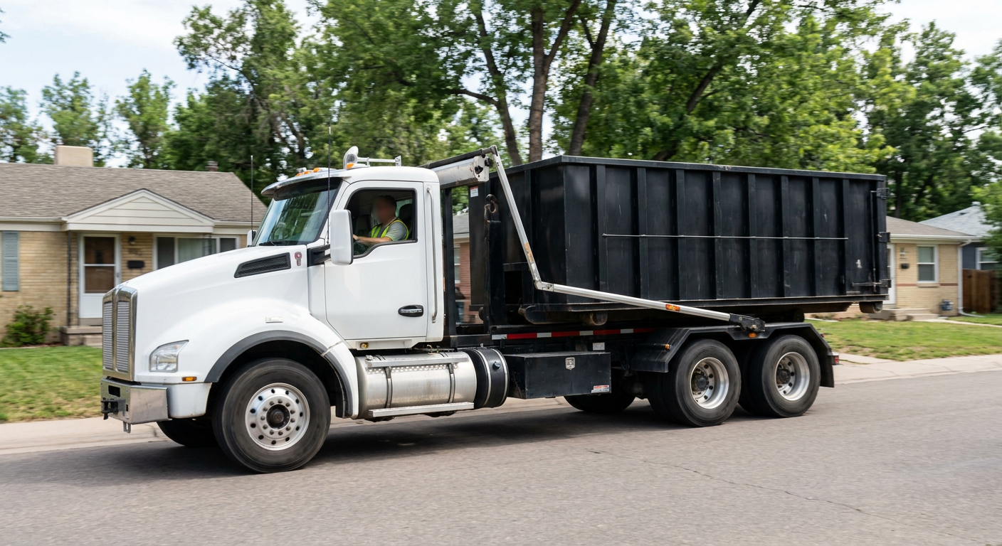 A wide documentary shot of a matte-black roll-off delivery truck pulling onto a quiet Moore residential street at mid-morning, with neighborhood rooftops and tree-lined blocks visible behind, showing the metro coverage footprint.