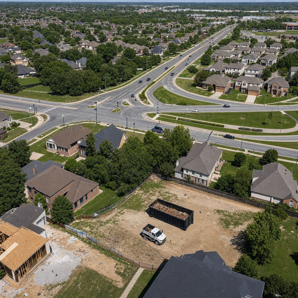 An overhead documentary view of the Moore metro area at midday, showing the spread of neighborhoods, arterial roads, and the dispatch radius from a central yard — clean daylight, organized geographic layout.
