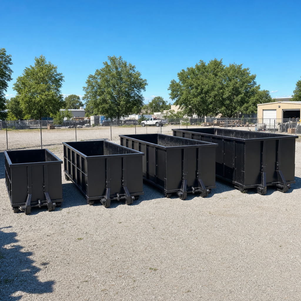 A clean lineup of matte-black roll-off dumpsters in 10, 20, 30, and 40-yard sizes staged on a sunlit gravel yard in Moore, showing the size progression from compact to commercial-scale containers.