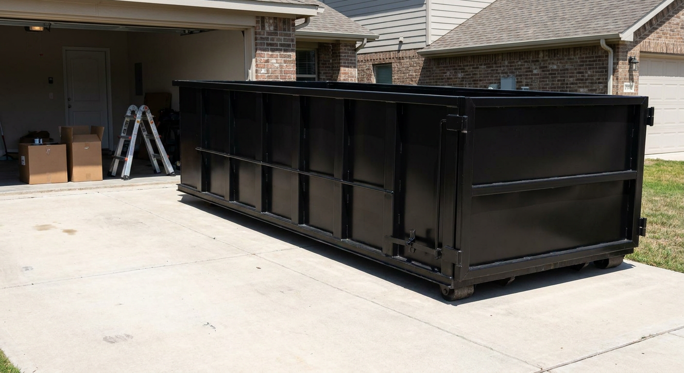 A matte-black 10-yard roll-off dumpster sitting directly on a residential Moore concrete driveway, mid-day sunlight, clean and ready for a garage cleanout.