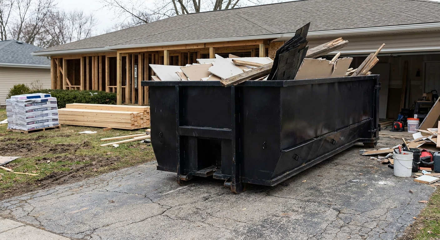 A matte-black 20-yard roll-off dumpster placed alongside a mid-renovation Moore home directly on the asphalt driveway, with framing materials and torn-off shingles staged neatly nearby.