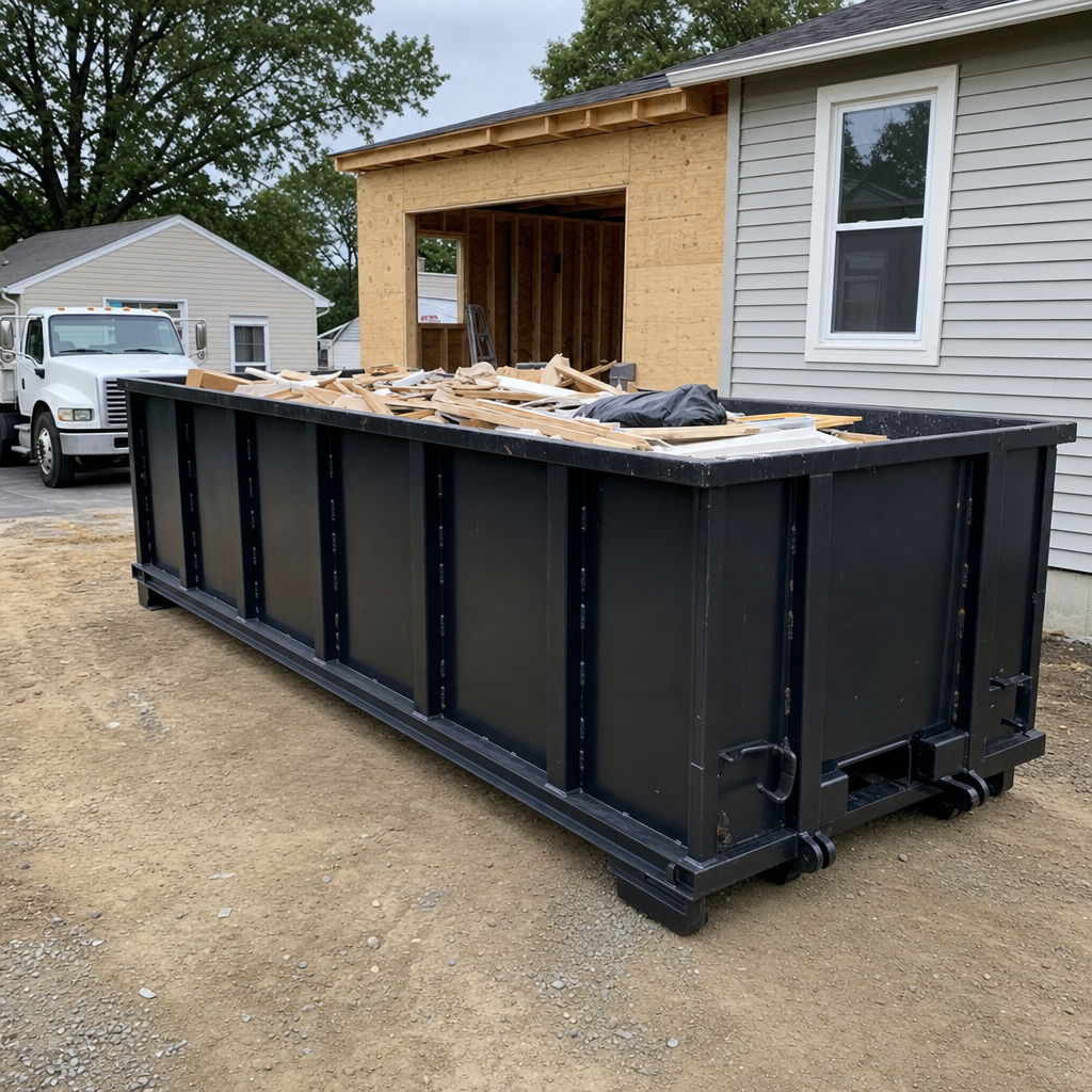 A matte-black 30-yard roll-off dumpster positioned at a Moore residential addition jobsite, with framing lumber and drywall scraps loaded through the open swinging rear doors.