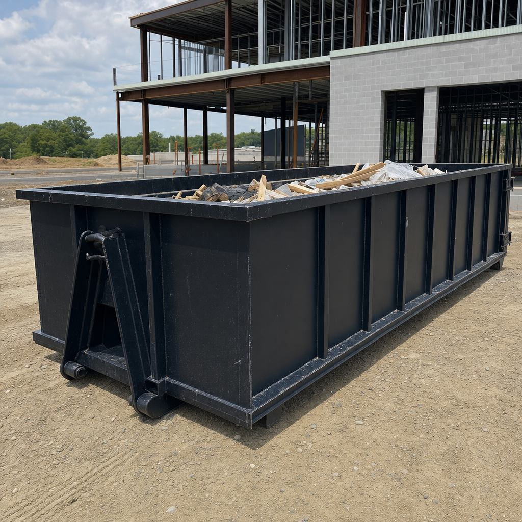 A matte-black 40-yard roll-off dumpster staged on a large Moore commercial construction lot, with a hooklift delivery truck parked alongside under bright midday sky.