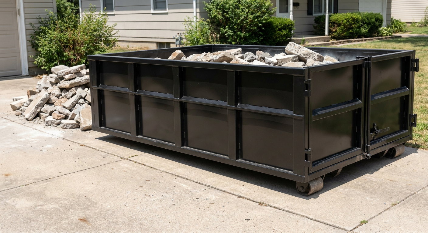 A matte-black low-side heavy-debris roll-off dumpster placed directly on a Moore concrete driveway, with broken concrete chunks neatly stacked beside it under clean daylight.